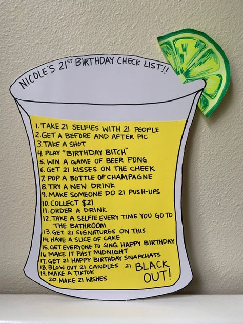 Birthday Checklist 21, 21st Birthday To Do List, 21st Birthday Bar Crawl Sign, 21 Birthday Game Ideas, 21s Birthday Ideas, 21st Birthday Checklist Ideas, Sign Night 21st Birthday List, 21st Bday Activities, 21st Birthday Cabin Party