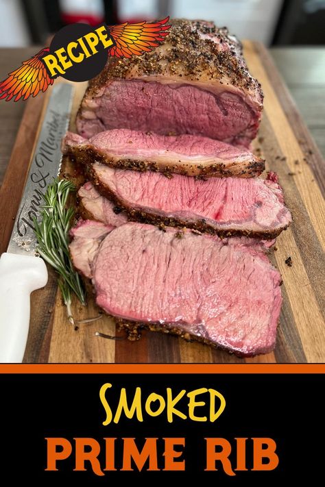 The picture shows a smoked prime rib being sliced Smoker Meat Recipes, Delicious Grill Recipes, Smoked Prime Rib Roast, Pellet Smoker Recipes, Smoked Prime Rib, Prime Rib Roast Recipe, Grilled Beef Recipes, Outdoor Cooking Recipes, Rib Roast Recipe