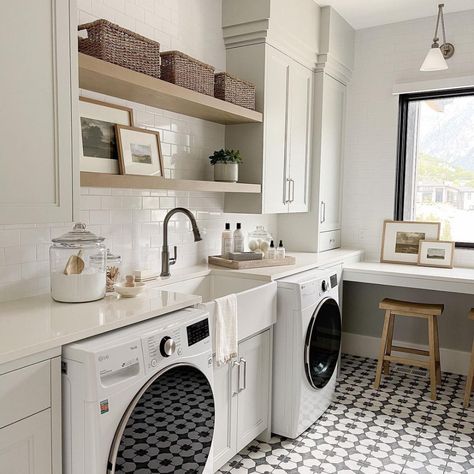 Between Washer And Dryer, Flat Front Cabinets, Blind Design, Transitional Laundry Room, Laundry Room Tile, Custom Laundry Room, White Laundry Rooms, Black Floating Shelves, White Laundry