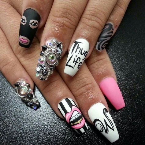 Thug life nails Lips nail art Nail art Nail designs Nail themes Dope Nail Designs, Her Nails, Get Nails, I Love Nails, Acrylic Nails Coffin, Unique Nails, Coffin Nails Designs, Dope Nails, Thug Life