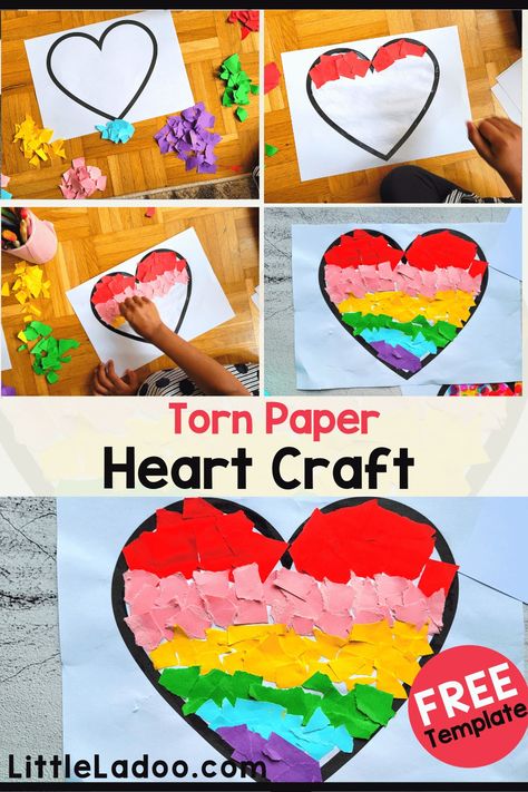 Torn Paper Heart Craft Valentine Mosaic Heart Craft, Heart Craft Preschoolers, February Craft Ideas For Kids, Prek Collage Art, Prek Heart Craft, Heart Craft Kindergarten, Kindergarten Heart Art Projects, Heart Shape Crafts Preschool, Tear Art For Kids