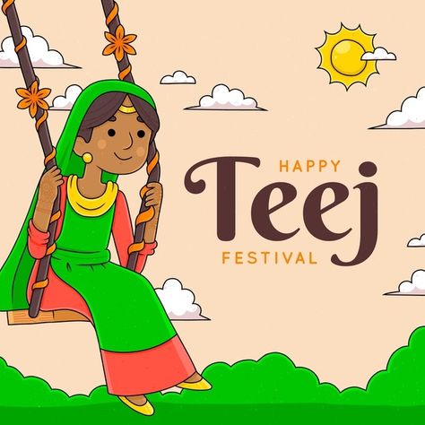 Hand drawn teej festival illustration Free Vector Teej Celebration Drawing, Happy Teej Drawing For Kids, Teej Festival Chart, Teej Festival Drawings, Teej Festival Drawing Ideas, Teej Festival Decoration In School, Happy Teej, Class Worksheets, Teej Festival