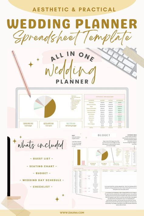 Wedding Planning Made Easy: Top Aesthetic Wedding Planner Spreadsheet Templates. Streamline Your Wedding Prep and Organize Your Big Day With Practical Planner Spreadsheets! — DIAxNA Bridal Checklist, Wedding Planner Spreadsheet, Wedding Planning Spreadsheet, Diy Wedding Planning, Top Aesthetic, Online Planner, Wedding Schedule, Aesthetic Wedding, Practical Wedding