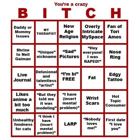 Crazy Bitch Bingo Red Flag Bingo, Outfit Kinks Chart Bingo, My Type Bingo, Loser Bingo, Oc Bingo, Bottom Bingo, Things I Have Done Project, Personality Bingo, Jar Of Template