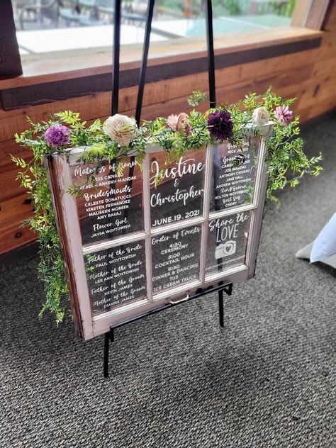 Window pane wedding program, floor easel from Home Goods Window Pane Welcome Sign Wedding, Wedding Sign Easel Diy, Windows For Wedding Decor, Wedding Old Window Ideas, Window Frame Wedding Decor, Wedding Window Pane Ideas, Window Pane Wedding Decor, Window Wedding Sign, Wedding Window Decorations