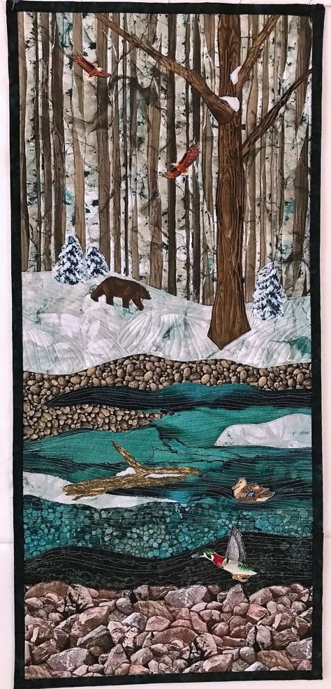 "Landscape Quilt, Art Quilt, Eagles, Bear, Ducks, Snow, Forest, Winter. \"Where Eagles Fly\" is a one-of-a-kind quilted wall-hanging of my original design. My quilts are never repeated. The majority of the quilting was done in free-motion stitching on raw-edged applique. The rich texture of the quilting is hard to capture in a photo, but see last photo to get an idea. The quilt is signed on the back and a hanging-sleeve is attached. All of my quilts come from a non-smoking, no-pets-allowed studi Wildlife Quilts, Forest Quilt, Watercolor Quilt, Sheboygan Wisconsin, Landscape Art Quilts, Mountain Quilts, Applique Art, Snow Forest, Landscape Quilt