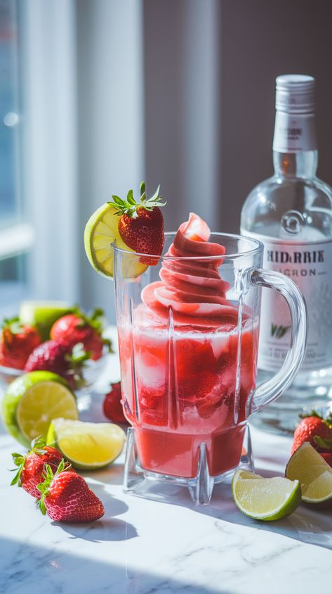 Blending vibrant red strawberry daiquiri in glass blender with fresh strawberries, lime, white rum on marble counter in natural window light Salty Dog Cocktail Recipe, Amaretto Sour Recipe, Strawberry Daiquiri Recipe, Cozy Hot Drinks, Energizing Smoothies, Collins Cocktail, Daiquiri Recipe, Sour Foods, Strawberry Daiquiri