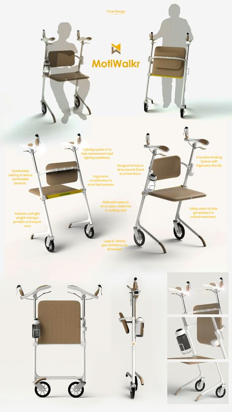 MotiWalkr: An Ergonomic Walker for Elderly on Behance Ergonomic Products, Elderly Products, Walker Design, Walker For Seniors, Wheelchairs Design, Walking Frame, Portfolio Design Layout, Industrial Design Sketch, Elderly People