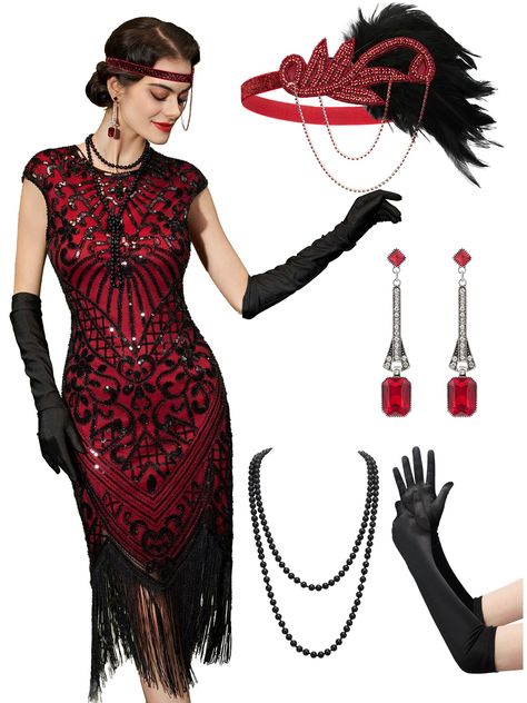 PRICES MAY VARY. Roaring 20s Costumes for Women: 1x sequin 1920s dresses for women, 1 x flapper feather headband, 1 x vintage earrings, 1 x faux pearl necklace,1 x long costume flapper gloves, 1 x plastic holder rod Material: This flapper dresses 1920s gatsby dresses for women is crafted from polyester and soft mesh fabric, embellished with fringes, beads and sequins, comfortable and fancy Elegant Design with Roaring 20s Outfits: The Gatsby-inspired 1920s cocktail dress features a round neck and 1920s Womens Fashion Casual, Roaring 20s Outfits For Women, Diy 20s Costume, 1920 Style Dresses, Roaring 20s Costumes, Gatsby Outfits, Great Gatsby Outfit, 20s Accessories, Plus Size Flapper Dress