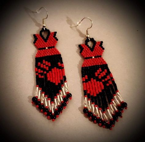 Beaded Earrings Tutorials Videos, Red Hand Beaded Earrings, Red Dress Beading Pattern, Beaded Red Dress Earrings Pattern, Mmiw Beadwork Pattern, Red Dress Beaded Earrings, Mmiw Beaded Earrings, Mmiw Beadwork, Mmiw Earrings