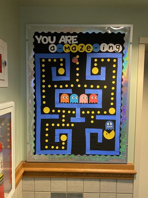 Space Invaders Bulletin Board, Pacman Bulletin Board Ideas, Pacman Bulletin Board, Pac Man Bulletin Board Ideas, Game On Bulletin Board Ideas, Pac Man Bulletin Board, Board Game Bulletin Boards, Level Up School Theme, Level Up Bulletin Board Ideas