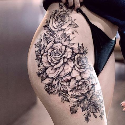 Rose Tattoo On Hip, Rosen Tattoo Frau, Thigh Tattoo Ideas, Tattoo Ideas Inspiration, Tattoo Over Scar, Scar Cover Up, Tattoos To Cover Scars, Hip Thigh Tattoos, Petit Tattoo