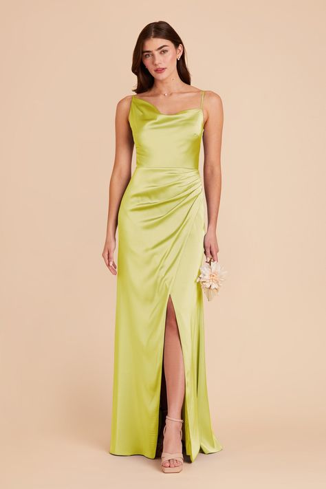 Jennifer Matte Satin Dress - Chartreuse Satin Bridesmaids Gowns, Chartreuse Dress, Jennifer Dress, Column Wrap, Birdy Grey, Asymmetric Neckline, Matte Satin, Bridesmaid Gown, Satin Dress