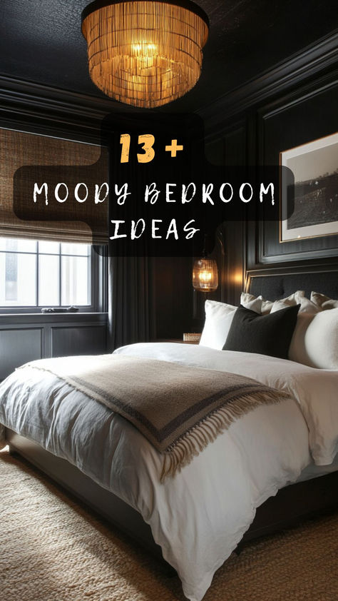 Ready for a bedroom makeover? Click to discover 13 moody bedroom ideas that will transform your space into a stylish sanctuary. 🌑🛏️ #BedroomMakeover #MoodyInteriors #HomeStyle #DecorTips #StylishSleep Classic Moody Bedroom, Moody Bedroom Dark Ceiling, Sultry Master Bedrooms Decor, Decadent Bedroom Ideas, Moody Color Palette Master Bedrooms, Bedroom Statement Piece, Moody Modern Bedroom Ideas, Black Contrast Wall Bedroom, Luxury Bedroom Ideas Classy