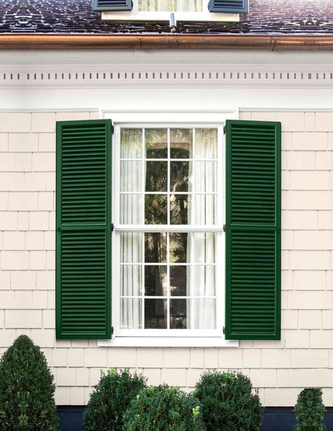 Painted shutters are an easy way to boost curb appeal and add a fun pop of color to your home!  #Lenoreinar #realestate #realtor #nwa #nwarealestate #conciergerealtynwa Green Shutters White House, Emerald Green House Exterior, White House Green Trim, Shutter Paint Colors, Painted Shutters, Window Shutters Exterior, Shutter Colors, Painting Shutters, Green Shutters