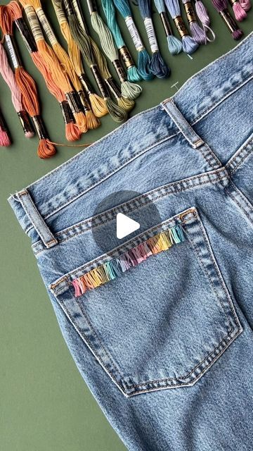 Please Read - How fun is this fringe! I’ve used new threads but this would be such a fun way to use up thread trimmings too!  I wasn’... | Instagram Embroidery Thread Projects, Jeans Embroidery Ideas, Embroidery Thread Crafts, Embroidery On Jeans, Embroidered Jeans Diy, Beginning Embroidery, Fringe Embroidery, Embroidery Jeans Diy, Jeans Embroidery