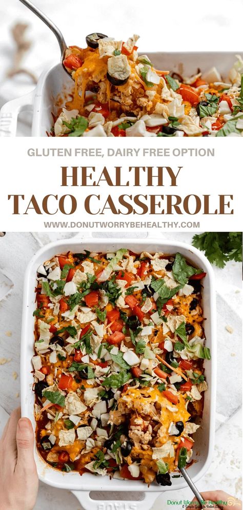 Tex-mex flavor without the tex-mex guilt! This ACTUALLY healthy taco casserole is made with all of your favorite Mexican ingredients in a lightened-up way that will leave you satisfied without weighing you down. #tacocasserole #tacotuesday #healthytacos #texmex #healthymexican #healthycasserole Paleo Taco Casserole, Turkey Taco Casserole Healthy, Easy Gluten Free Mexican Recipes, Gluten Free Tex Mex Recipes, Healthy Dish To Pass Ideas, Healthy Mexican Lunch Ideas, Healthy Chicken Taco Casserole, Healthy Tex Mex Recipes, Healthy Mexican Casserole Recipes