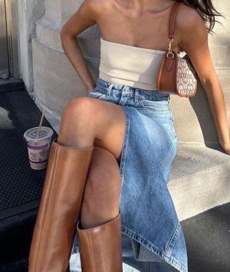 Traje Cowgirl, Midi Jean Skirt, Looks Jeans, Looks Pinterest, High Waisted Denim Skirt, Nashville Outfits, Ținută Casual, Mein Style, Jeans Rock