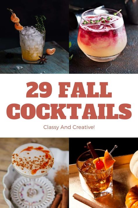 If you're going to drink yourself silly this holiday season, why not pull up this list of fall cocktails and pick a couple classy and creative recipes to try? Fall Cocktail Garnish Ideas, September Drink Ideas, Easy Bar Food Ideas, Spicy Fall Cocktails, October Cocktail Recipes, Coctails Recipes Fall, Unique Fall Cocktails, Seasonal Cocktails Fall, Fall Specialty Cocktails