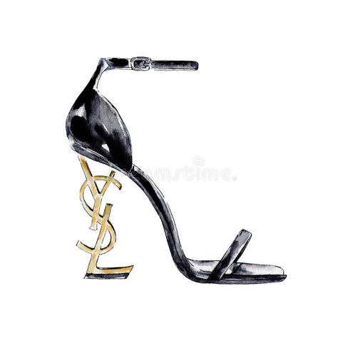 Watercolor illustrations of famous brands. Hand work watercolor. Drawn leather heeled sandals. Yves Saint Laurent royalty free illustration Hanukkah Illustration, Happy Hannukah, Shoe Sketches, Man Sketch, Fashion Artwork, Shoes Illustration, Ysl Heels, Vibes Art, Ysl Shoes