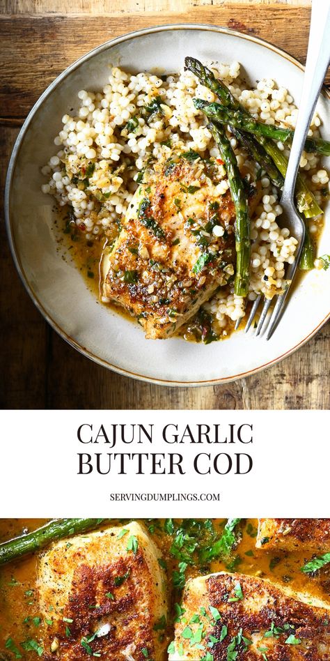 Cajun Garlic Butter Cod - Serving Dumplings Garlic Butter Cod, Butter Cod, Resep Seafood, Fish Dinner Recipes, Resep Diet, Easy Seafood, Cod Recipes, Garlic Butter Sauce, Fish Dinner