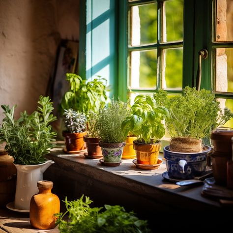 Embrace the warmth and tranquility of nature with our 'Herbs in the Window' art print. This digital artwork beautifully captures the essence of a cozy kitchen, adorned with pots of lush, green herbs basking in the gentle sunlight. Perfect for bringing a touch of nature's calm to your home, this piece evokes the simple joys of cooking and gardening. Our high-resolution digital download ensures stunning clarity and detail, making it an ideal addition to your kitchen, dining area, or any space that Herbs In Kitchen Window, Window Herbs, Kitchen Herb Garden, Greenery Art, Deadly Plants, Modern And Rustic Decor, Glamorous Kitchen, Green Herbs, Herb Garden In Kitchen