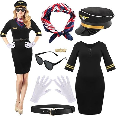 polyester and silk Package Include: women pilot captain costume includes a captain costume, a pilot hat, captain pin and belt, a pair of pilot sunglasses, a pair of gloves, stewardess scarf, suitable for Halloween costume party and stage performance Distinctive Design: the captain costume can show your good figure and curves, the v neck design can help you unleash your charm at parties, nice accessories for cosplay Pilot Costume Women, Flight Attendant Costume, Women Pilot, Captain Costume, Pilot Costume, Pilot Hat, Airplane Outfits, V Neck Design, Flight Suit