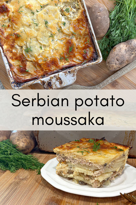 Serbian potato moussaka has layers of thinly sliced potatoes, meat, onion with mushrooms, and a creamy cheese sauce which is then baked until golden brown! Serbian Moussaka, Musaka Recipe, Potato Moussaka, Creamy Cheese Sauce, Creamy Cheese, Sliced Potatoes, Cheese Sauce, Community Board, Golden Brown