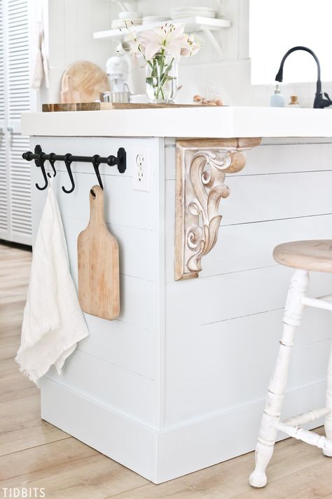 Ikea Towel, Kitchen Countertop Organization Ideas, Shiplap Kitchen, Kitchen Countertop Organization, Kitchen Ikea, Countertop Organization, Island Bar, Kitchen Refresh, Wood Corbels