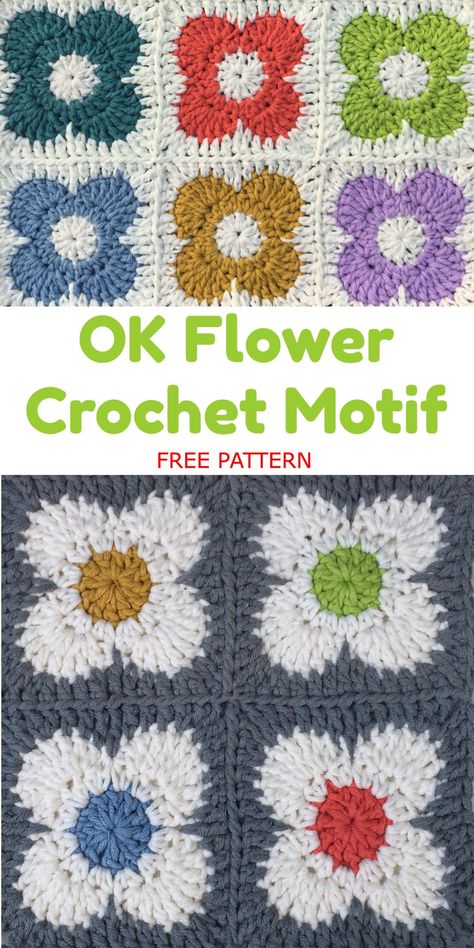 OK flower crochet motif pattern – Atty*s. Ok Flower Crochet Motif, Orla Kiely Flower Pattern, Ok Flower Square Crochet Pattern, Simple Flower Granny Square, Motifs Granny Square, Mochila Crochet, Granny Square Crochet Patterns Free, Crochet Cushion Cover, Crochet Motif Patterns