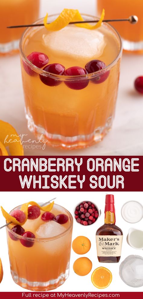 cranberry whiskey sour Cranberry Orange Whiskey Cocktail, Thanksgiving Whiskey Sour, Cranberry Whisky Sour, Cranberry Orange Drinks Alcohol, Cranberry Orange Alcoholic Drinks, Cranberry Orange Cocktail Drink Recipes, Orange Liqueur Recipe, Thanksgiving Cranberry Cocktail, Cranberry Orange Whiskey Sour