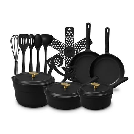 The Thyme & Table 18-Piece Cookware and Silicone Utensil Set in Black is an all-in-one solution for your kitchen. It includes a 10 and 12 fry pan for searing and sauting, a 5.5QT Dutch oven for stews and pastas, and a 3.5QT saut pan and 2.5QT saucepan for versatile cooking. The set also comes with 5 essential silicone utensils (slotted turner, slotted spoon, spoon, whisk, and ladle), plus 4 cookware protectors and a silicone trivet to keep your set in perfect condition. Black Cookware Set, Black Decor Kitchen, Matte Black Kitchen Accessories, Thyme And Table, Gothic Kitchen Decor, Black Kitchen Accessories, Trivet Design, Black Utensils, Cooking Decor