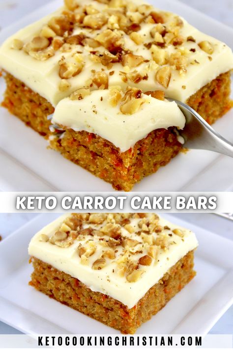 These dreamy Keto Carrot Cake Bars have a tender and moist cake, baked with warm spices and shredded carrots, then topped with a creamy vanilla frosting. #ketodesserts #ketocarrotcakebars #lowcarbdessert Creamy Vanilla Frosting, Carrot Cake Dessert, Keto Carrot Cake, Low Carb Carrot Cake, Sugar Free Carrot Cake, Cake Bars Recipe, Carrot Cake Bars, Spice Cake Recipes, Sugar Free Recipes Desserts