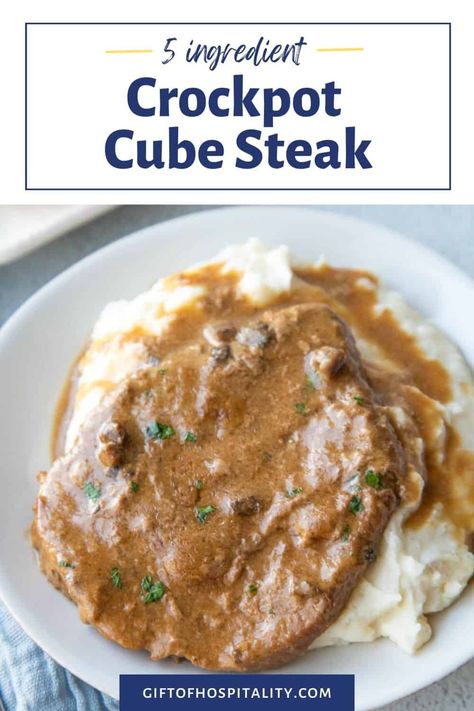 This easy crockpot cube steak recipe is the perfect weeknight meal! Simply place everything into the slow cooker and mix to combine. Let it cook all day, and dinner will be ready when you get home! Cube Steak Recipes Crockpot Easy Dinners, Crockpot Chicken Fried Steak, Cube Steak Crock Pot Recipes Crockpot Cream Of Mushrooms, Crockpot Cubed Steak Recipes, Smothered Cube Steak Crockpot, Crockpot Country Style Steak, Country Style Steak And Gravy Crockpot, Crockpot Cube Steak Recipe, Slow Cooker Cubed Steak Crockpot