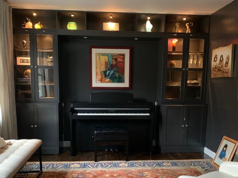 Music room- What color for the built-ins? Living Room Built Ins With Piano, Piano Cabinet Built Ins, Built In With Piano, Piano With Built Ins, Stereo System Living Room, Piano Cabinet Design, Bookcase Around Piano, Reading And Music Room, Piano In Bookcase