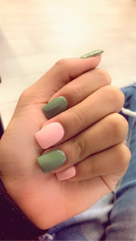 Olive green and baby pink Sage Green And Pale Pink Nails, Nail Polish Ideas Green And Pink, Army Green Square Nails, Olive Green Gel Nails Short, Khaki And Pink Nails, Olive And Pink Nails, Sage Green And Light Pink Nails, Pink And Green Fall Nails, Sage Green Pink Nails