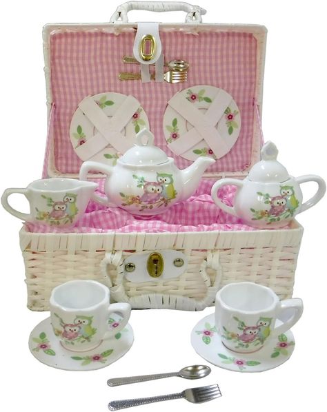 Amazon.com: Delton Products Owls Children's Tea Set with Basket : Toys & Games Childrens Tea Sets, Mini Tea Set, Magnetic Toys, Porcelain Tea Set, Owl Patterns, Gingham Fabric, Owl Design, Toy Kitchen, Nutcracker Christmas