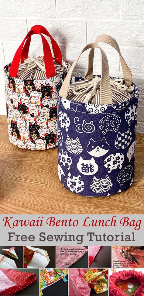 Kawaii Bento Lunch Drawstring Bag Tutorial Jewelry Bag Pattern Free Sewing, Easy Bag Tutorial, Lunchbox Sewing Pattern Free, Free Sewing Bag Patterns, Lunch Bag Sewing Pattern, Lunch Bag Pattern, Lunch Box Pattern, Drawstring Bag Tutorial, Lunch Bags Pattern