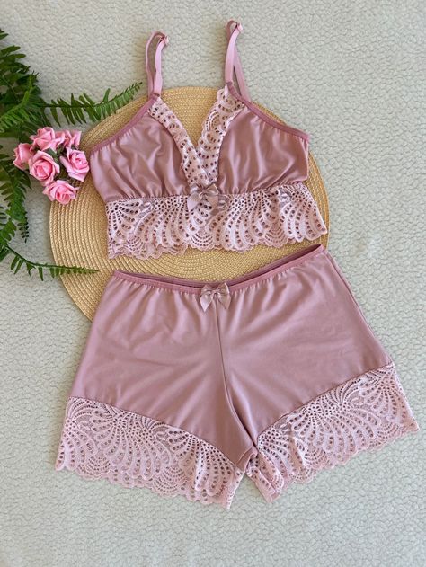 Rosa empoeirado  Collar Sem Mangas  Simples  Embellished Lingerie Rosa, Cropped E Short, Sleepwear Fashion, Pajama Set Women, Pajamas Women, Pajama Set, Baby Dolls, Length Sleeve, Pajamas