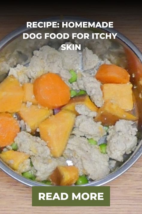 Bowl of homemade dog food with ground meat, carrots, peas, and sweet potatoes, with text overlay "Recipe: Homemade Dog Food for Itchy Skin, Read More". Homemade Dog Food Recipes For Itchy Skin, Dog Food Allergy Diet, Diy Dog Treats For Itchy Skin, Diy Dog Food For Skin Allergies, Grain Free Homemade Dog Food, Homemade Dog Treats For Itchy Skin, Home Made Dog Food For Senior Dogs, Dog Food Topper Recipe, Homemade Dog Food For Itchy Skin