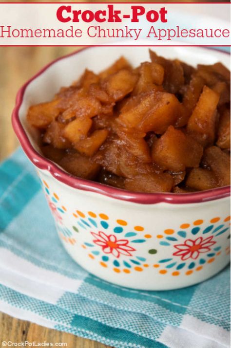 Crock-Pot Homemade Chunky Applesauce - Your family is going to love the cinnamon & cloves flavor in this Crock-Pot Homemade Chunky Applesauce! A great side dish or dessert! [Gluten Free, Low Calorie, Low Cholesterol, Low Fat, Low Sodium, Vegan, Vegetarian & Weight Watchers friendly!] #CrockPotLadies #CrockPot #SlowCooker #Homemade #Applesauce #Cinnamon #Cloves #5IngredientsOrLess #WeightWatchers Chunky Crockpot Applesauce, Instant Pot Chunky Applesauce, Slow Cooker Chunky Applesauce, Chunky Applesauce Recipe Crock Pots, Crockpot Cakes, Homemade Chunky Applesauce, Apple Crockpot Recipes, Apple Recipes Crockpot, Chunky Applesauce Recipe