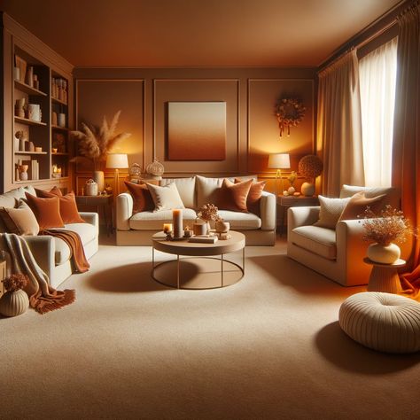 Champagne Wall Color Living Rooms, Tan Carpet Living Room, Orange Apartment, Beige Wall Colors, Basement Colors, Pale Blue Walls, Lavender Walls, Mustard Yellow Walls, Natural Wood Furniture