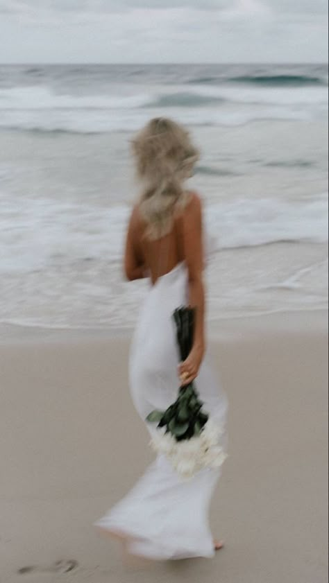 Beach Elopement Wedding Dress, Beach Wedding Aesthetic Couple, Beach Engagement Photos Aesthetic, Editorial Beach Wedding Photography, Ocean Wedding Photos, Beach Wedding Reception Dress, Wedding Aesthetic Beach, Beach Micro Wedding, White Dress Simple