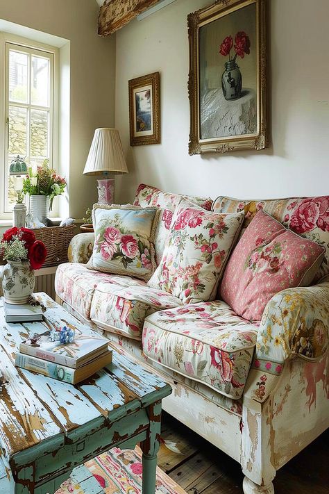 Cozy shabby chic living room with a floral patterned couch and distressed wooden coffee table. Shabby Chic Style Living Room, Shabby Chic Pink Bedrooms, Sofa Upholstery Ideas Fabrics Floral, Floral Couch Decor, Floral Couch Living Room Vintage, Floral Couch Living Room, Room Ideas Floral, Chintz Sofa, Vintage Couch Living Room