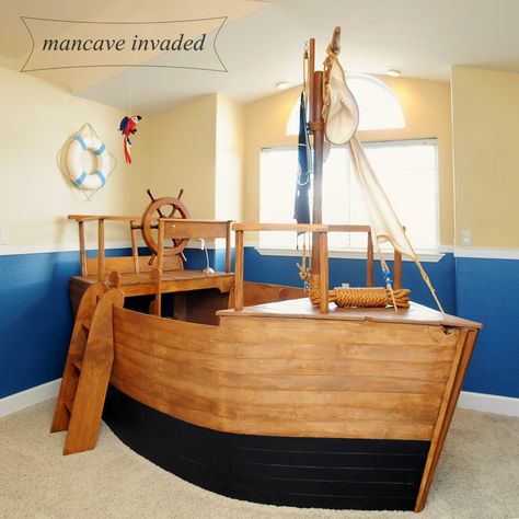 In 2005 my husband decided he was going to build our boys a "boat bed." There wasn't a pinterest to gather ideas back then.  :)   ... Toddler Boat Bed, Boys Nautical Bedroom, Ship Bed, Pirate Ship Bed, Boat Bed, Pirate Room, Nautical Bedroom, Cool Kids Bedrooms, Toddler Boys Room