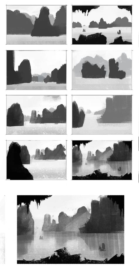 ArtStation - Halong bay - thumbnail study, Milica Todorovic Landscape Value Study, Illustration Thumbnails, Landscape Thumbnails, Concept Art Thumbnails, Thumbnails Art, Thumbnail Illustration, Thumbnail Drawings, Art Thumbnails, Concept Art Environment