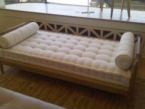 Burlap Upholstery, Floor Seating Living Room, French Mattress Cushion, Architecture Elements, Wooden Daybed, French Mattress, Daybed Cushion, Daybed Mattress, Wood Daybed