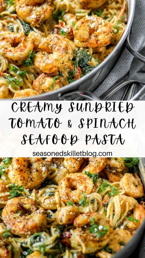 Creamy Sun Dried Tomato and Spinach Seafood Pasta Shrimp Pasta Healthy, Shrimp Spinach Pasta, Scallop Recipes Pasta, Shrimp Pasta Dishes, Seafood Pasta Dishes, Spinach Pasta Recipes, Scallop Pasta, Spaghetti With Spinach, Sundried Tomato Pasta