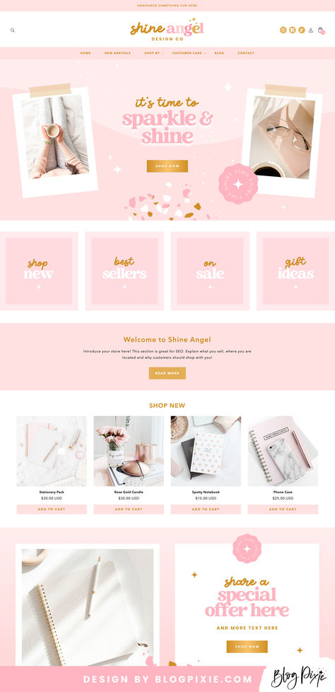 Pink gold Shopify theme template with pretty store banners and theme file for Shopify 2.0 Canva Page Design, Cute Shopify Website, Shopify Website Design Templates, Boutique Website Design Inspiration, Girly Website Design, Pink Website Design, Shopify Website Design Inspiration, Website Design Aesthetic, Boutique Website Design