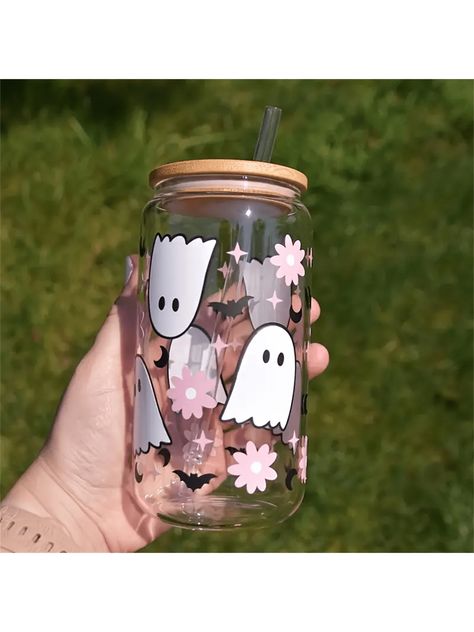 Glass Cup Ideas, Halloween Glass Cups, Halloween Cup Ideas, Teckwrap Craft, Flower Ghost, Glass Cup Set, Trendy Water Bottles, Halloween Wine, Halloween Cups